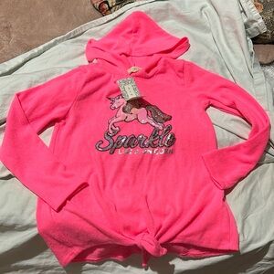 Btween 10 hot pink hooded hi low knotted waist sparkle unicorn detail nwt